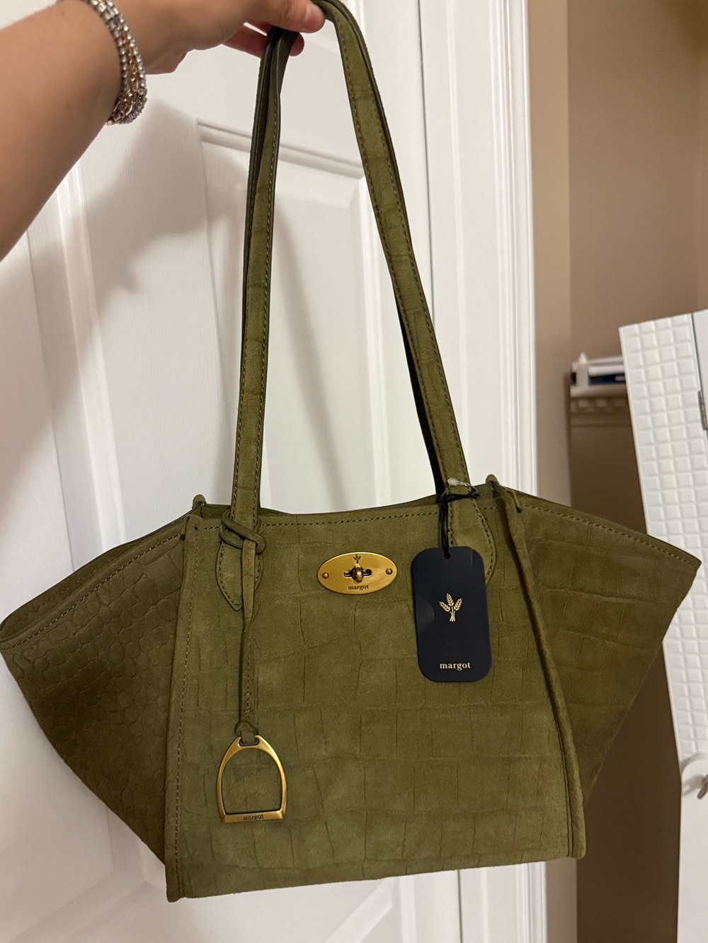 BNWT MARGOT Viral Olive Croc-Embossed Suede Shoulder Bag Tote with Gold Accents